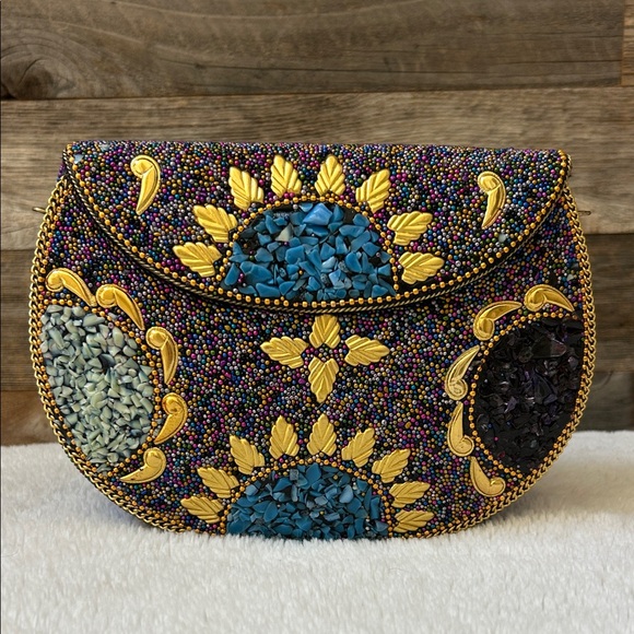 Ramla Handmade Multicolor Beaded Mosaic Clutch Bag With Gold Chain Brand New